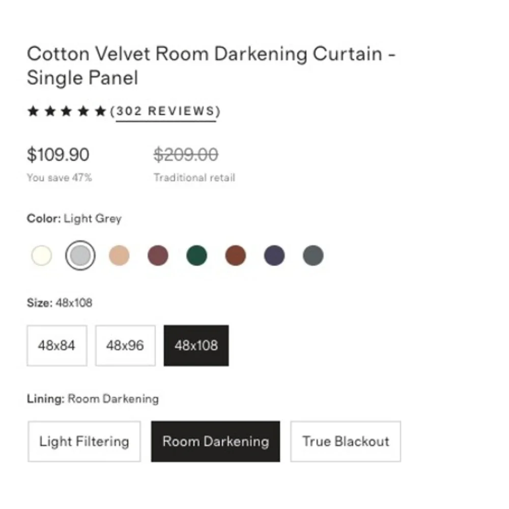 NWOT QUINCE Light Grey Room Darkening Cotton Velvet Modern Luxury Curtain 48x108